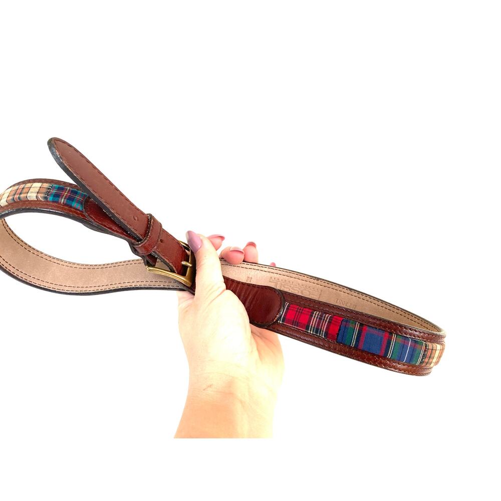 Women's Fossil Belt M Leather Plaid Fabric Preppy Tartan 29"-33”